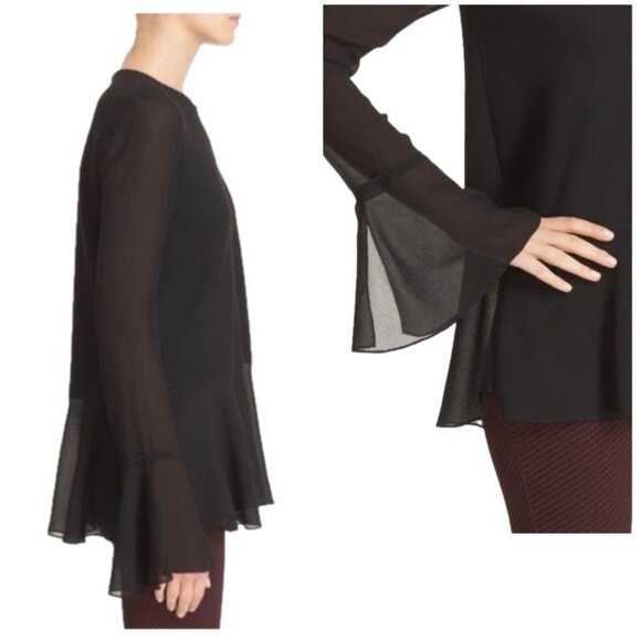 Theory Lexanda C Idol Bell-Sleeve Peplum Blouse Top Wool Silk  Black Small NWOT - Picture 2 of 10
